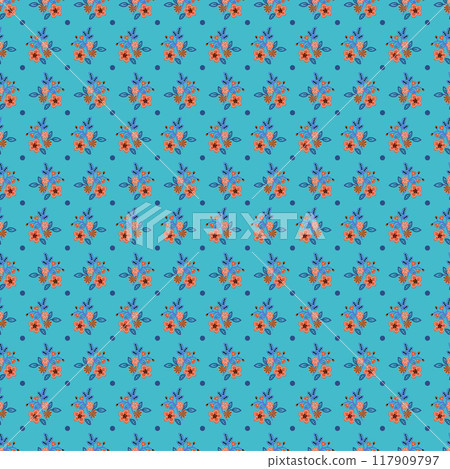 Seamless pattern with blooming flowers and polka dots. Vector 117909797