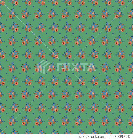 Seamless pattern with blooming flowers and polka dots. Vector 117909798