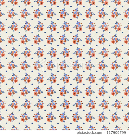 Seamless pattern with blooming flowers and polka dots. Vector 117909799
