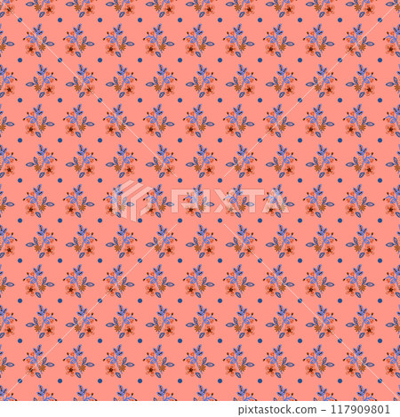 Seamless pattern with blooming flowers and polka dots. Vector Seamless pattern with blooming flowers and polka dots. Vector 117909801