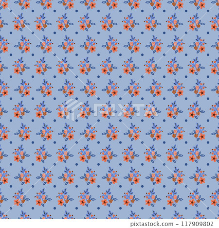 Seamless pattern with blooming flowers and polka dots. Vector Seamless pattern with blooming flowers and polka dots. Vector 117909802