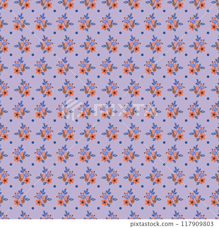 Seamless pattern with blooming flowers and polka dots. Vector 117909803