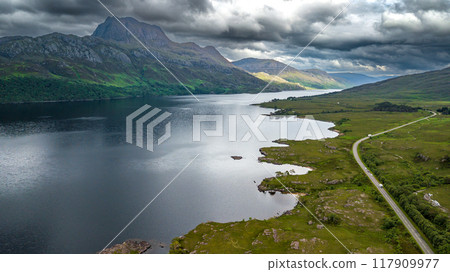 Aerial View Of The Highlands At Loch Maree Near Talladale With Mountain Slioch In Scotland, UK 117909977