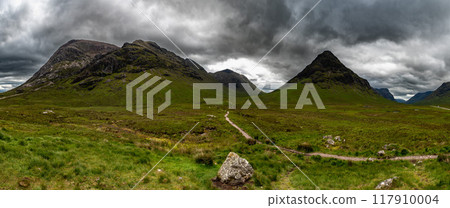 Spectacular Valley Of Glencoe And Rural Highland Landscape In Lochaber In Scotland, UK Spectacular Valley Of Glencoe And Rural Highland Landscape In Lochaber In Scotland, UK 117910004
