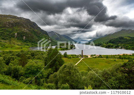 Rural Landscape And Glenfinnan Monument On The Road To The Isles At Lake Loch Shiel In Lochaber In Scotland, UK 117910012