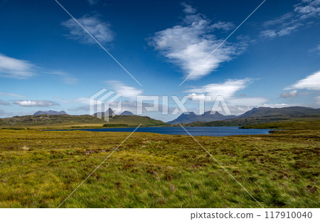 Rural Landscape With Lake Loch Osgaig Near Achnahaird In The Highlands Of Scotland, UK 117910040