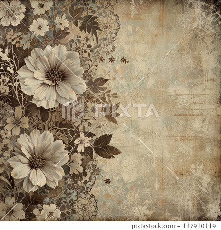 Old floral paper grunge background. Vintage paper texture overlay. 117910119