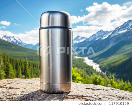 Thermos on mountains background. Tourism and travel concept. Thermos on mountains background. Tourism and travel concept. 117910139