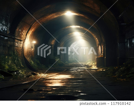 Dark round underground tunnel. 117910142