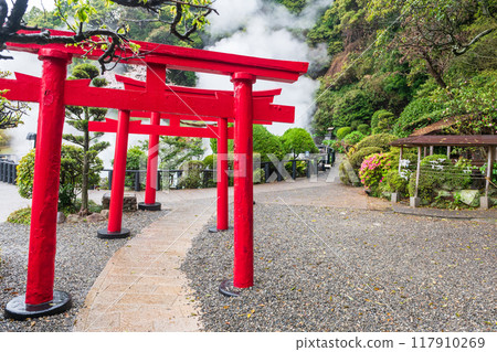 Red torii gates with white steam at Umi Sea Hell of Kamado Jigoku, Beppu 117910269