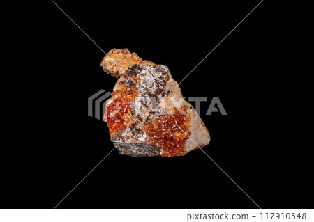 Macro mineral stone Vanadinite on a black background Macro mineral stone Vanadinite on a black background 117910348