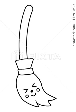 Cute broom in kawaii style, vector outline for coloring book 117910423
