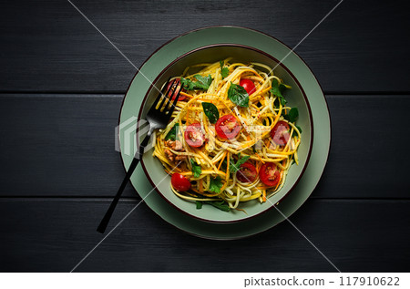 yellow zucchini salad, with cherry, vegetarian food, sliced into strips, homemade, yellow zucchini salad, with cherry, vegetarian food, sliced into strips, homemade, 117910622