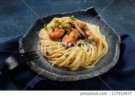 spaghetti with mussels, without shell, pasta with peeled mussels, in carbonara sauce, micro-greens, homemade, no people, spaghetti with mussels, without shell, pasta with peeled mussels, in carbonara sauce, micro-greens, homemade, no people, 117910657