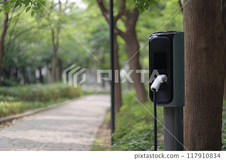 A typical electric vehicle charger in a green park setting surrounded by trees during the day 117910834