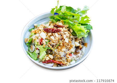 Top view of Spicy Vermicelli mixed pork salad, focus selective Top view of Spicy Vermicelli mixed pork salad, focus selective 117910874