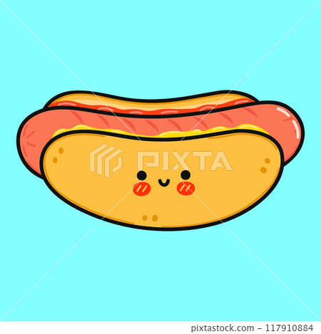 Hot dog character. Vector hand drawn cartoon kawaii character illustration icon. Isolated on blue background. Hot dog character concept Hot dog character. Vector hand drawn cartoon kawaii character illustration icon. Isolated on blue background. Hot dog character concept 117910884