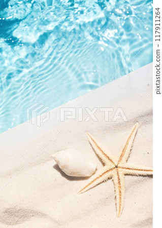 Seaside Delight. A serene seaside scene featuring a starfish and a conch shell on sandy beach near vibrant blue water. 117911264