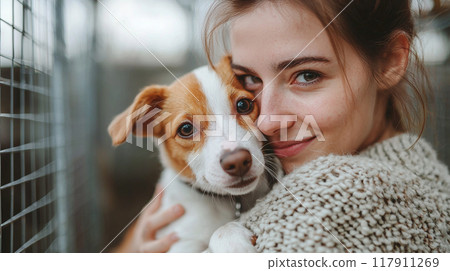 A young woman in a cozy setting holding and smiling at an adorable puppy 117911269