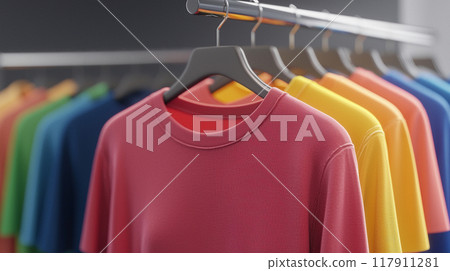 Colorful T-Shirts on a Rack 117911281