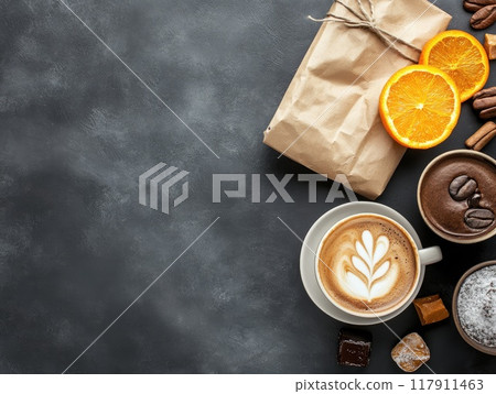 Small business saturday coffee and citrus setup: cozy top-view background for retail promotions 117911463