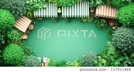 Small business saturday market concept with greenery and striped canopies 117911469