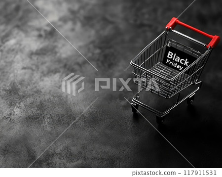 Black friday shopping concept with shopping cart on dark background 117911531