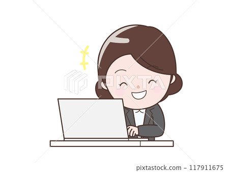 在辦公桌前工作的歡笑女商人 117911675