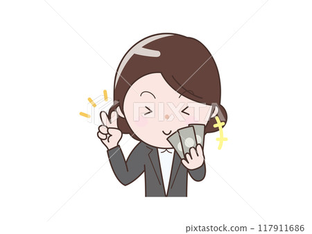 Business woman happy with a stack of bills 117911686