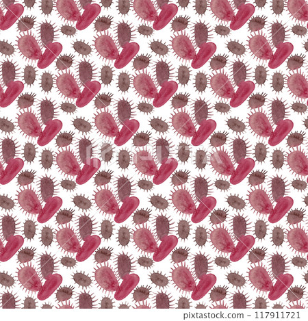 Cactuses in red colors. Abstract colorful pattern. Flower prickly in watercolor style. Modern Art. Retro vintage design. Seamless background. Spikes in a trendy style 117911721