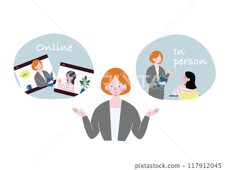 一位白人女性在英語會話課上解釋 一位白人女性在英語會話課上解釋 117912045