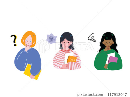 一個國際學生女孩思考憂慮的插圖集 一個國際學生女孩思考憂慮的插圖集 117912047