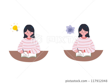 Illustration set of a girl who is troubled and has an idea while studying 117912048