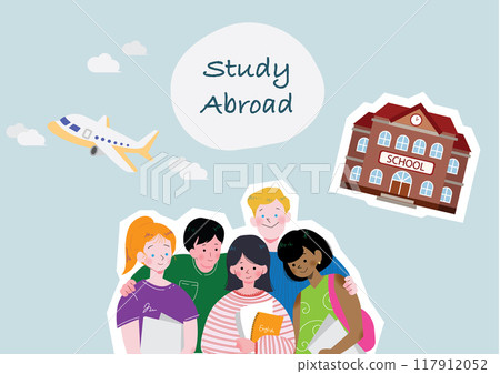 Illustration set of a girl standing next to her friends studying abroad Illustration set of a girl standing next to her friends studying abroad 117912052
