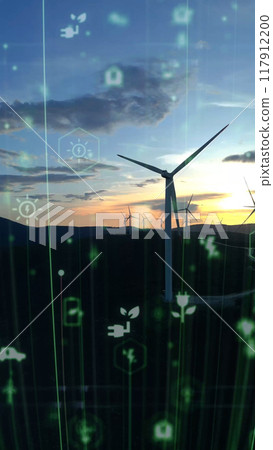 Alternative Energy. Wind farm. Aerial view of horizontal-axis wind turbines generating electricity Wind energy. Clean renewable energy technologies. Wind power plants. Animated visualization concept Alternative Energy. Wind farm. Aerial view of horizontal-axis wind turbines generating electricity Wind energy. Clean renewable energy technologies. Wind power plants. Animated visualization concept 117912200