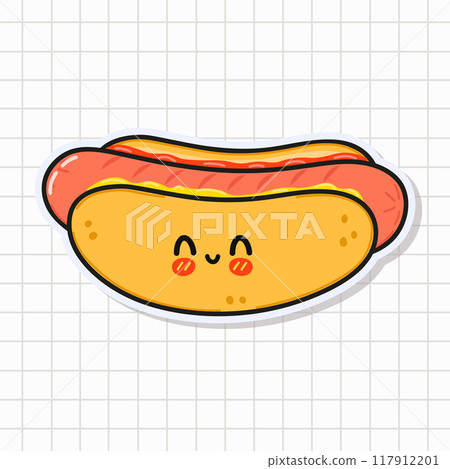 Cute funny Hot dog sticker. Vector hand drawn cartoon kawaii character illustration icon. Isolated on background. Hot dog card character concept 117912201
