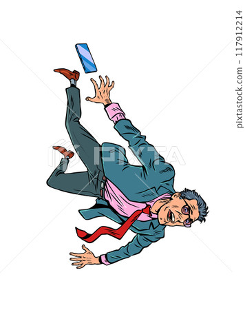 Pop Art Retro A man in a suit falls down. The collapse of a business and company due to the crisis. Destroyed career and reputation 117912214