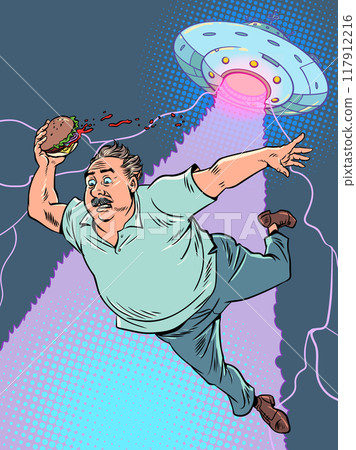 Pop Art Retro An ordinary man with a burger is kidnapped by aliens. Invasion of extraterrestrial forces on earth. Funny fast food delivery banner. 117912216