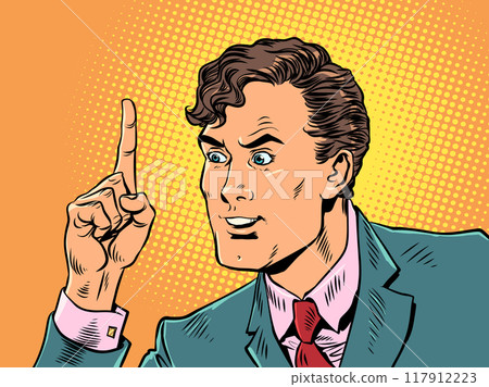 Show the solution to the problem within the company. A man in a suit shows a thumbs up and looks. The boss sets a new task for the employees. Pop Art Retro 117912223