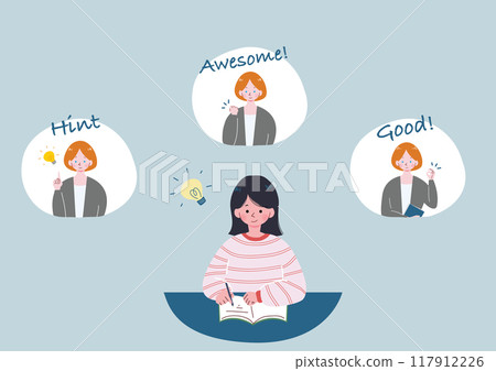 A girl studying hard and her English teacher cheering her on A girl studying hard and her English teacher cheering her on 117912226