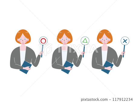 Illustration of a Caucasian woman holding a correct answer panel Illustration of a Caucasian woman holding a correct answer panel 117912234
