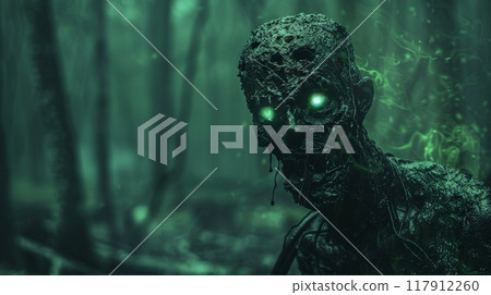 Zombi monster in swamp. Creepy marsh halloween character. Green zombie face. Forest horror man 117912260