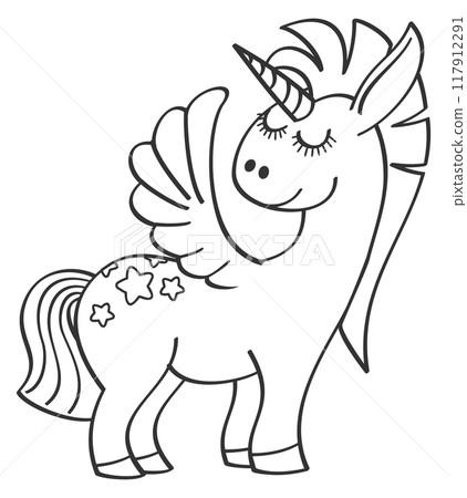 Unicorn line drawing. Magic creature. Fairytale animal Unicorn line drawing. Magic creature. Fairytale animal 117912291