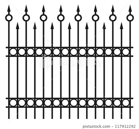 Metal railing barrier. Decorative ornate black fence Metal railing barrier. Decorative ornate black fence 117912292