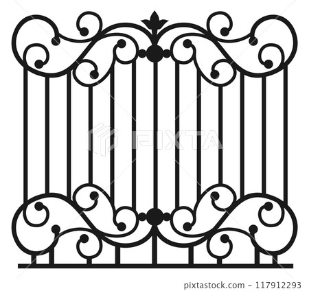 Ornate park fence. Decorative black wrought iron Ornate park fence. Decorative black wrought iron 117912293