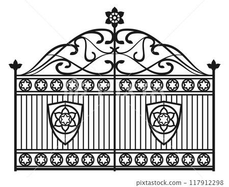 Wrought gate black silhouette. Decorative iron fence Wrought gate black silhouette. Decorative iron fence 117912298