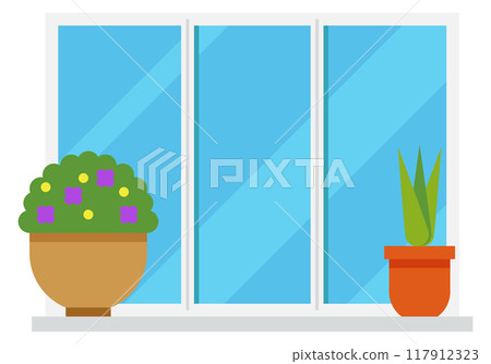 Decorative flowerpots on white window sill. Interior element 117912323
