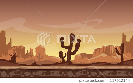 Mountain desert game background. Western dryland landscape Mountain desert game background. Western dryland landscape 117912344