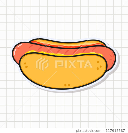 Cute funny Hot dog sticker. Vector hand drawn cartoon kawaii character illustration icon. Isolated on background. Hot dog card character concept 117912387