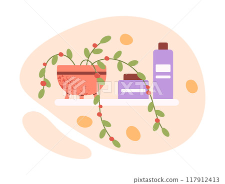 Bathroom skincare products shelf. Beauty skincare products, organic soap or lotion, shampoo tubes and potted plant flat flat vector illustration. Cartoon bathroom decor elements 117912413